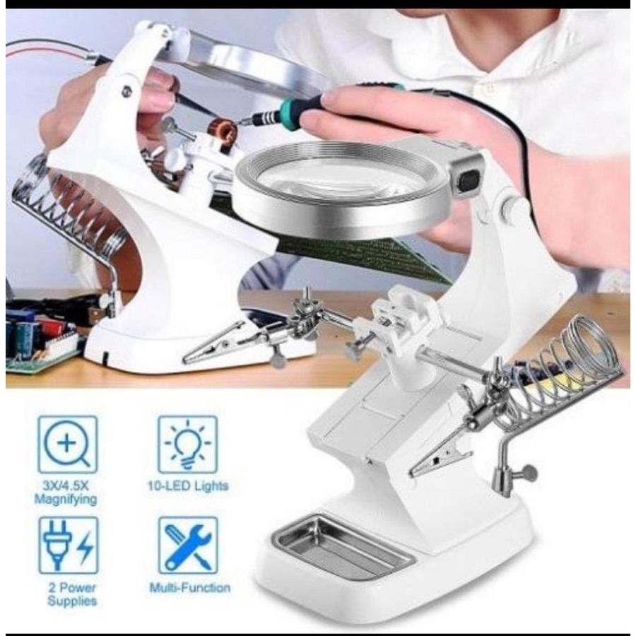 Helping Hand TH-7023 Alat Pegangan Solder Kaca Pembesar 3X/4.5X Zoom Lampu LED