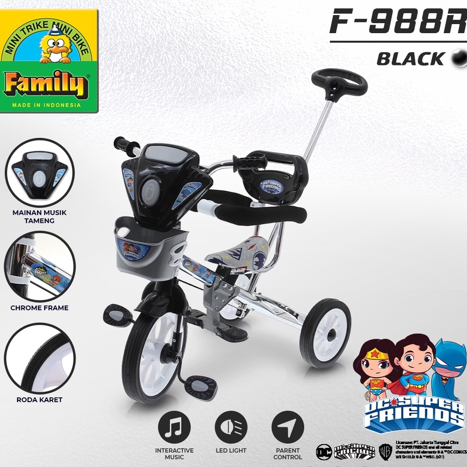 Sepeda Roda Tiga Family F988R Justice Special Edition Nikel Ban Karet Musik Interaktif Tricycle