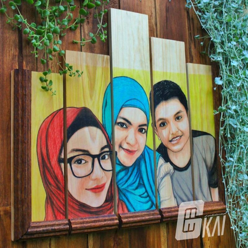 lukisan kayu lukisan 3 wajah bahan kayu pinus