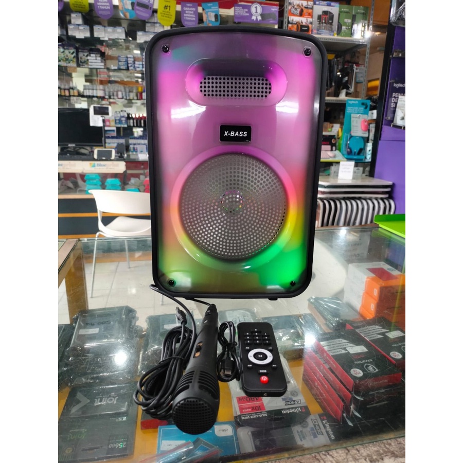 COD SPEAKER BLUETOOTH KARAOKE FLECO 8'5 INCH F-8606L LED PLUS MIC KARAOKE X-BASS / SPEAKER KARAOKE X-BASS FLECO F-8606L UK 8'5 INCH