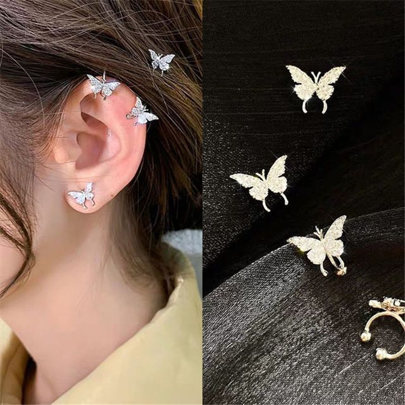 Anting Stud Kristal Bentuk Kupu-Kupu Warna Emas Perak Untuk Wanita