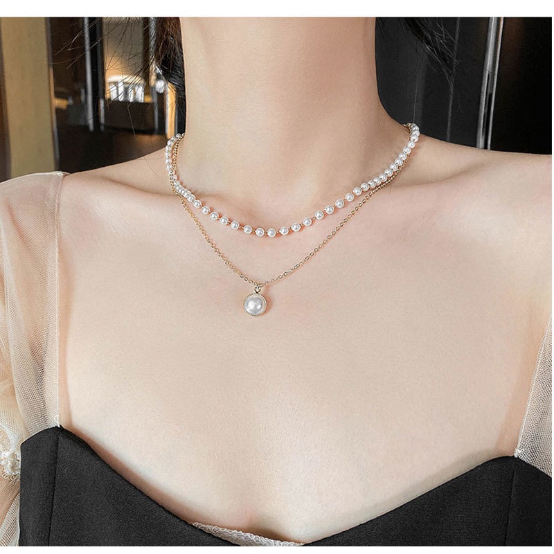 Kalung Double layer Aksen Mutiara