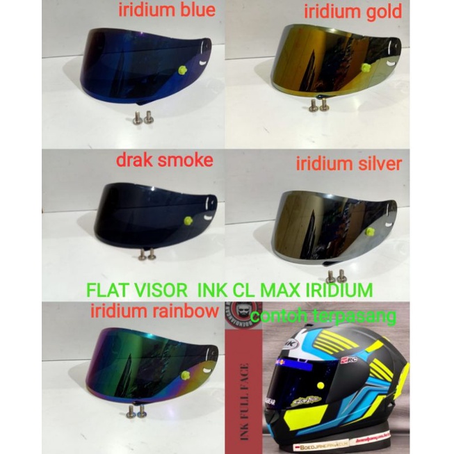 Flat visor untuk helm ink cl max iridium / basic visor r10 merk handarb / gma iridium silver / dark smoke (satu paket + baut 2pc + top stiker)