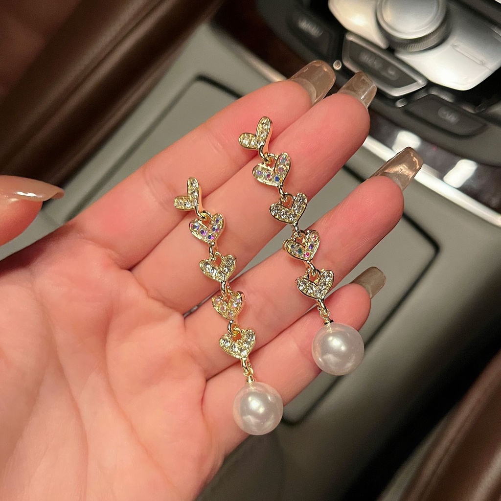 Anting Rumbai Panjang Desain Hati Aksen Mutiara Bahan Silver Needle Gaya Perancis Untuk Wanita