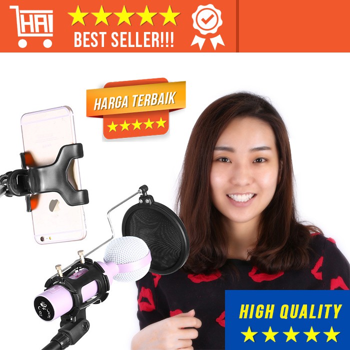 STAND MIC PLUS SMARTPHONE  HOLDER MICROPHONE CONDENSER HOLD 360 HP POD BERDIRI RECORDING BERNYANYI