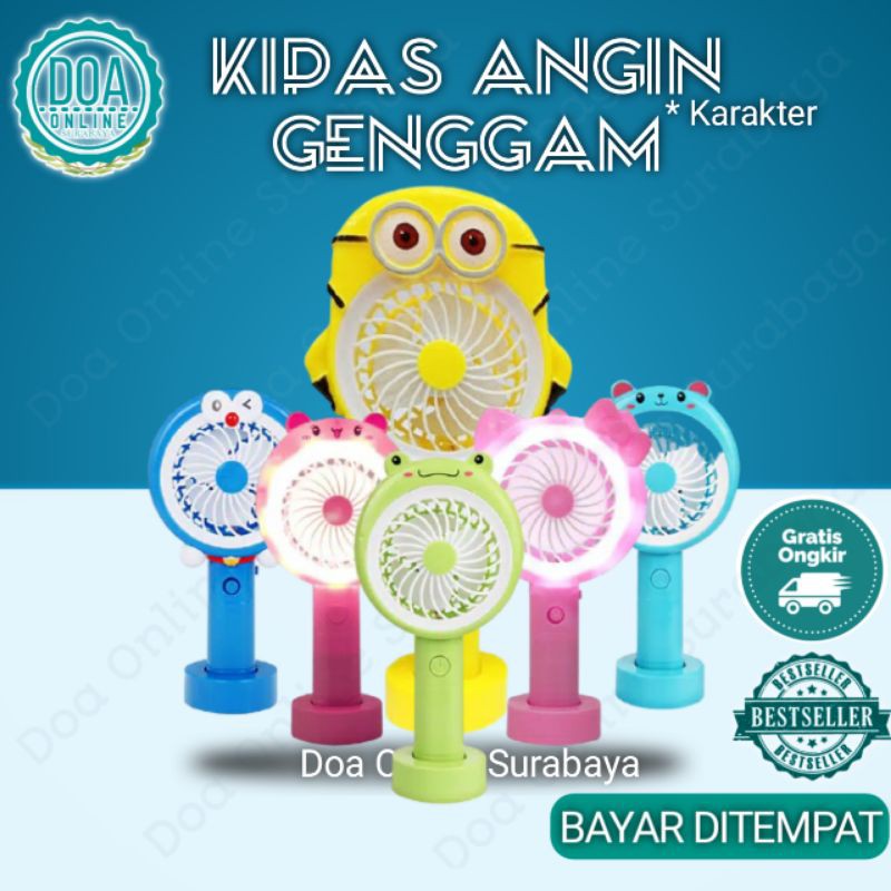 KIPAS ANGIN MINI KARAKTER LUCU PORTABLE + LED IMPORT / KIPAS GENGGAM