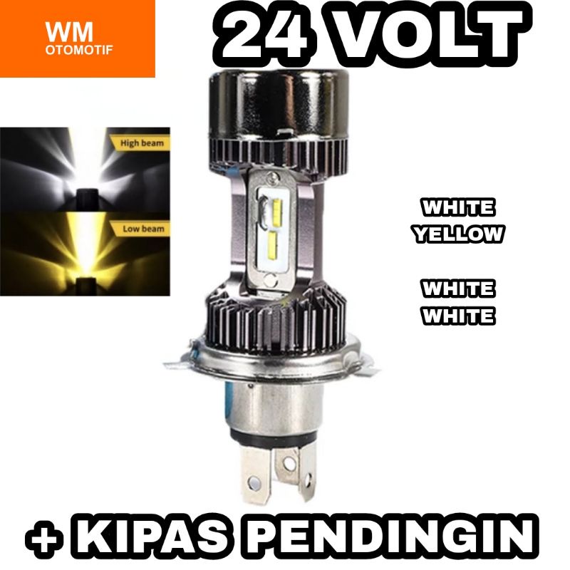 Lampu LED Depan 24 Volt H4 Utama Angel Kipas Pendingin Laser Gun 90 Watt D2 High Low 2 Warna Putih Kuning Truk Bus Fuso Canter Tronton PnP BA20D Jauh Dekat Dim Hi Lo Kaki Tiga Truck Bis Universal PnP Cooler Alat Berat Pabrik