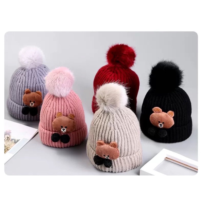 Topi kupluk wol lembut topi pom pom topi rajut newborn bayi baby knitted hat Bear