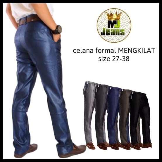 Celana Formal Pria Bahan Mengkilap Slimfit Kerja Dasar Metalik UK 27-38 Navy Hitam