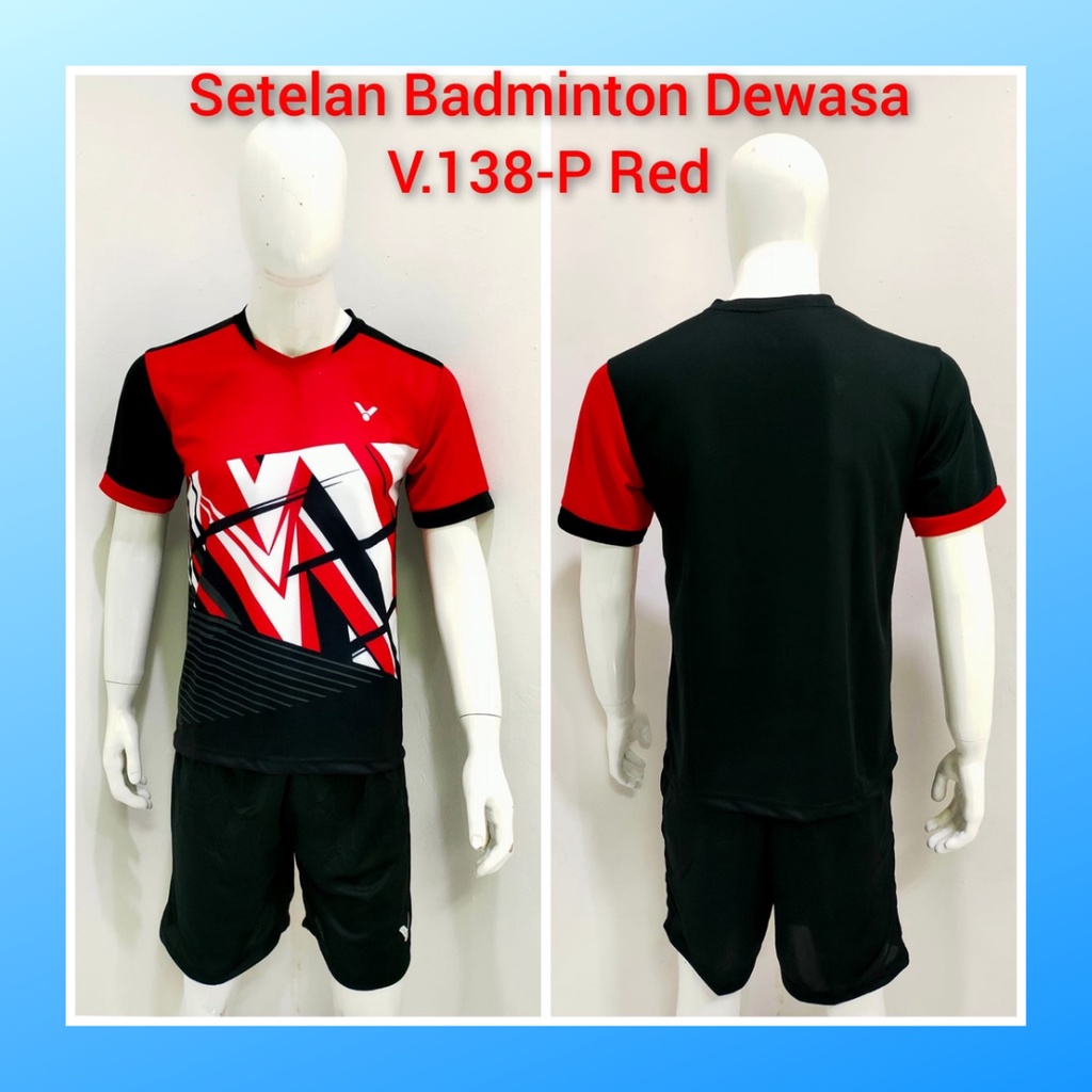 Kaos bulutangkis pria baju badminton dan celana jersey setelan wanita dewasa t-shirt outfit seragam jarsey kostum olahraga pakaian apparel sport jersy bulu tangkis casual jersi sudirman cup suit V138 merah polos