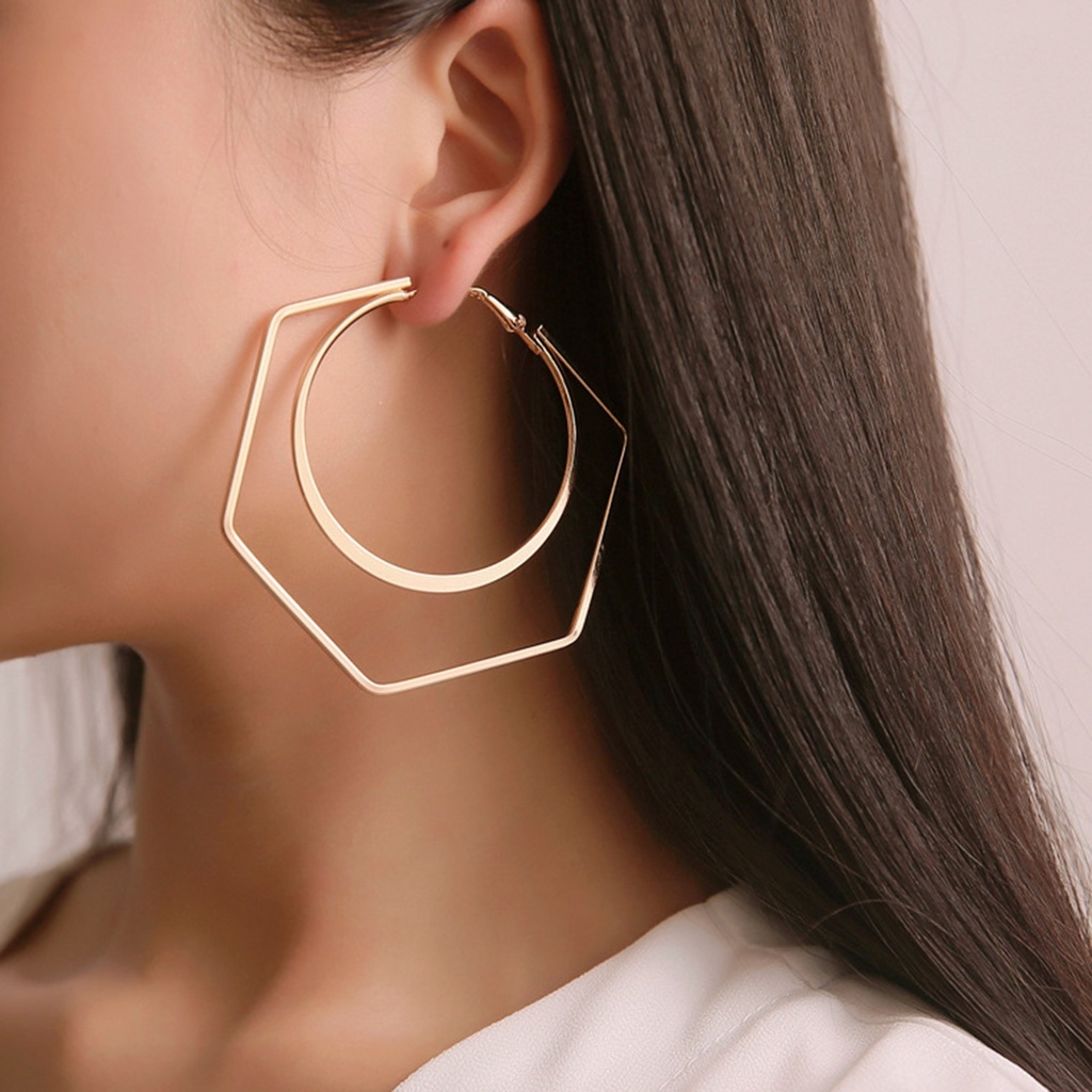 1 Pasang Anting Bentuk Bulat Besar Heksagonal Geometris Unik Untuk Wanita