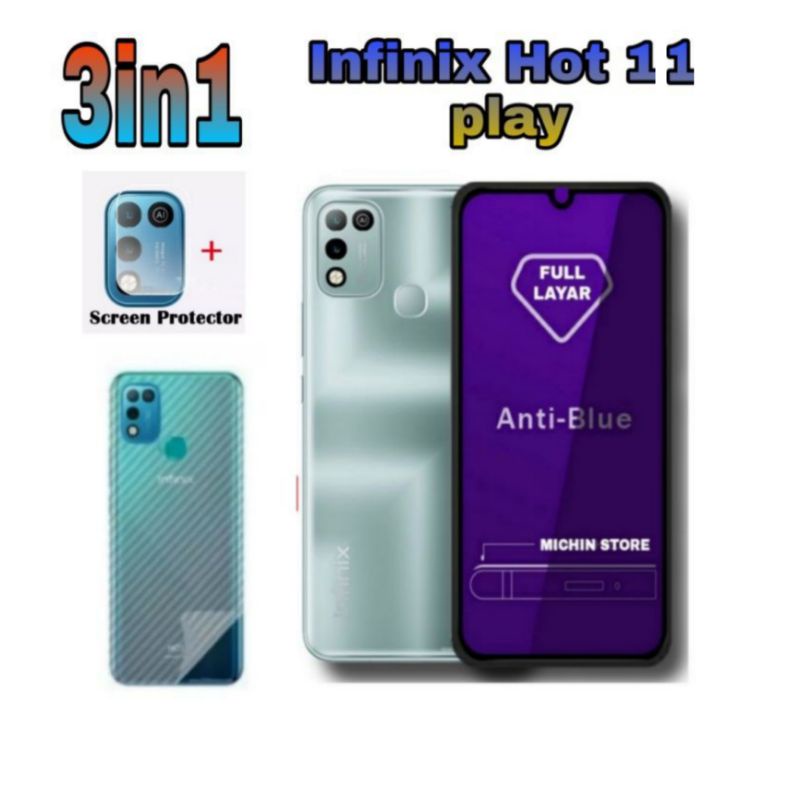 Paket 3in1 Tempered Glass Blue INFINIX HOT 11 PLAY Hot 9 Play Hot 10 PLAY Hot 10s Hot 10  NOTE 11S NOTE 11 PRO Anti Blue Light/Radiasi Full Layar