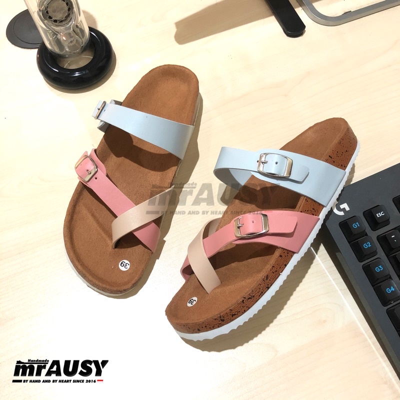 Sandal Japit Jepit Wanita Cewek Casual mrAUSY Ringan Strap 2 Gesper 2 Silang-Pastel Alas Mocca