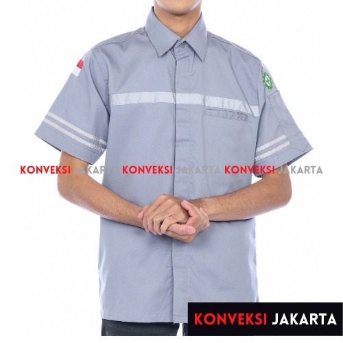 Baju Kerja Wearpack Kemeja Safety K3 Proyek Tambang Lengan Pendek  - Pakaian Seragam Werpak Kerja Atasan Scotlite Lapangan Pendek Warna Abu Pria Wanita