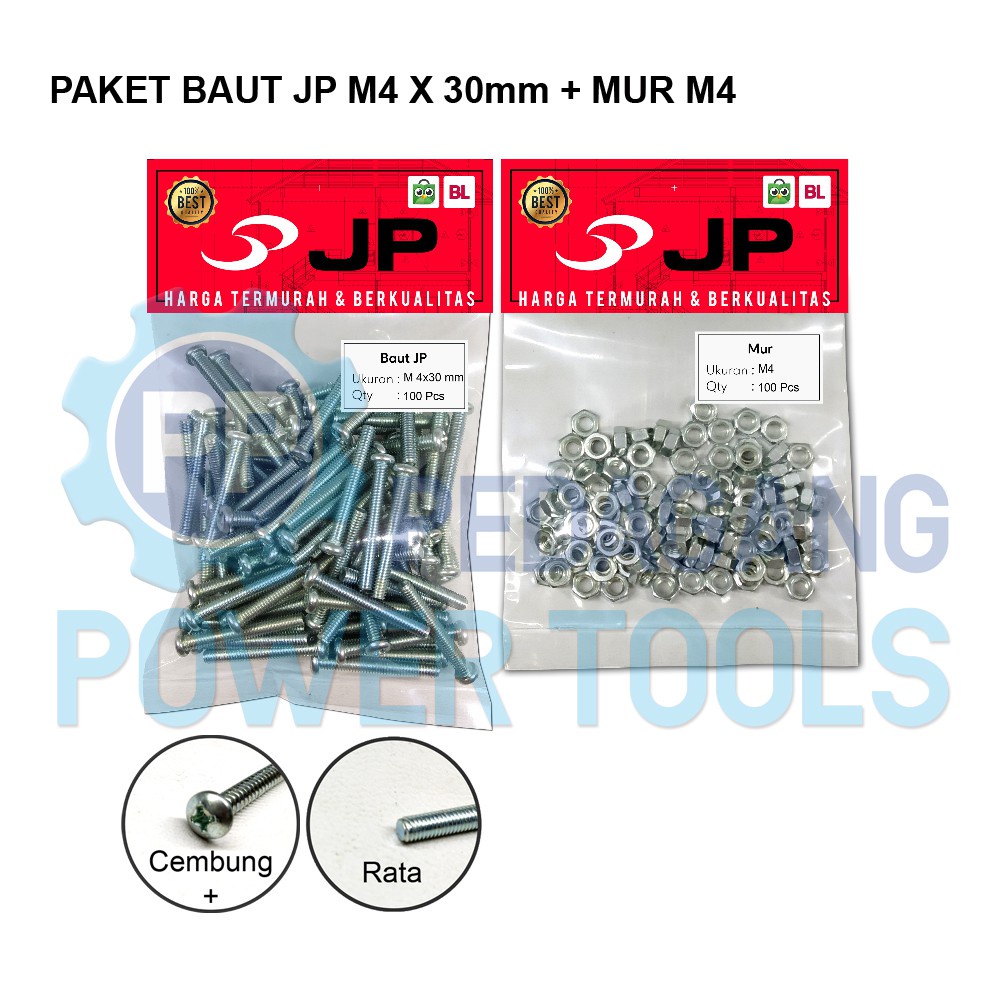 PAKET 2 SET BAUT MUR 4x30 BAUT JP M 4 x 30 MM MUR M4 SKRUP ISI 100 PCS