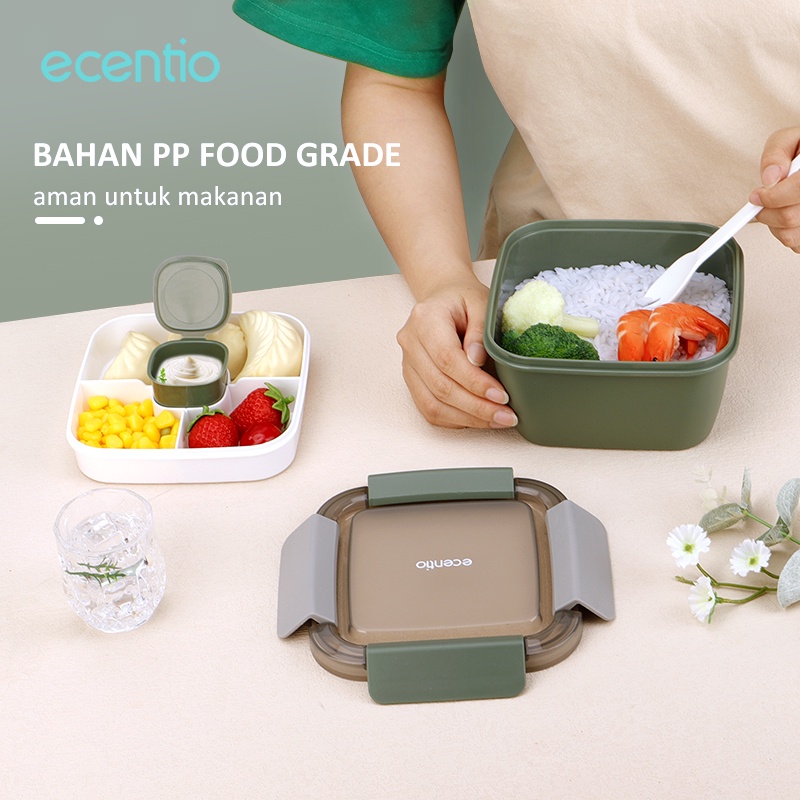 ecentio 1.1L Kotak Makan Double layer Tempat Bekal Makan Set Sendok Lunch Box Set BPA Free Dengan sambal/sauce cup