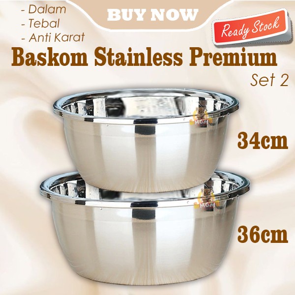 SET2 Baskom stainless PREMIUM 34cm/36cm TEBAL anti karat baskom dalam