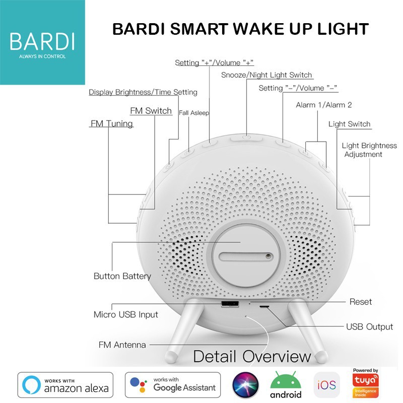 BARDI Smart Wake Up Light with Radio Function Snooze Alarm clock Lampu Tidur Sun