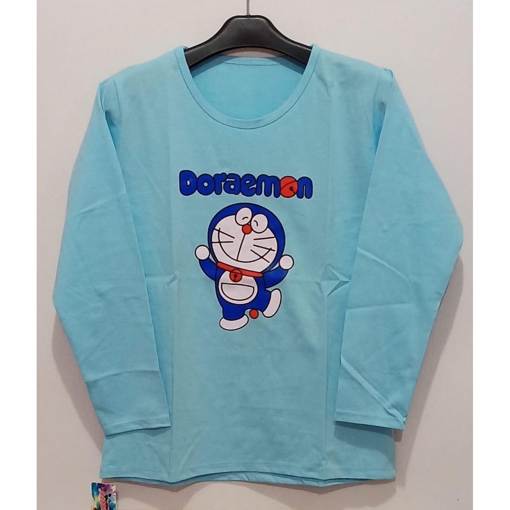 kaos wanita lengan panjang karakter doraemon satu warna pilihan biru