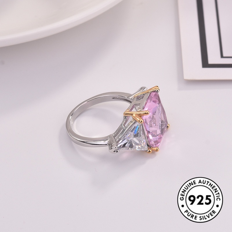 Cincin S925 Silver Bentuk Kotak Aksen Berlian Warna Pink