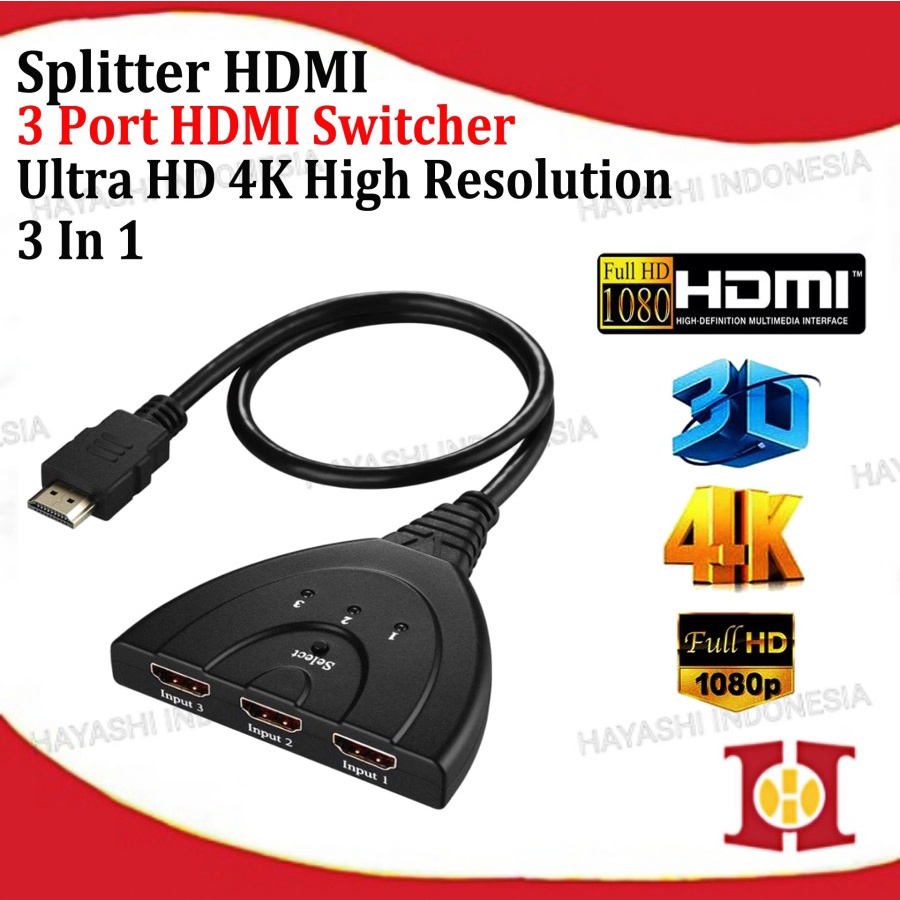 Kabel HDMI Splitter 3 Port / Switcher Adapter 3 Input 1 Output