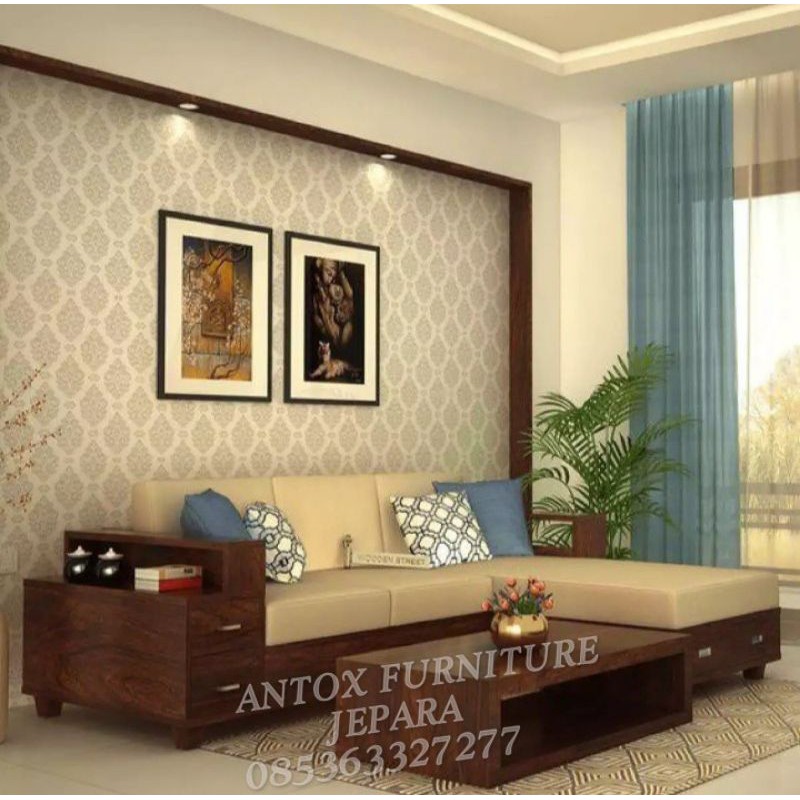 kursi tamu sofa L minimalis kayu jati mebel Jepara