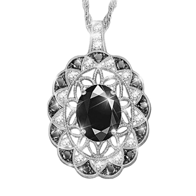 Fancyqube Kalung Sterling Silver 925 Dengan Liontin Batu Akik Kuarsa Bening Bentuk Oval Warna Hitam Untuk Wanita