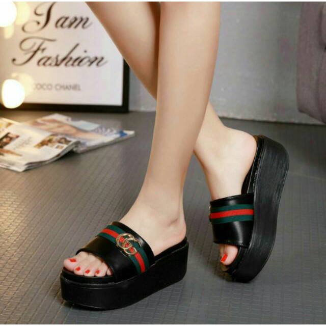 Sepatu Wedges Wanita hitam kerja Kantor formal platform Trendy YM 12 wedges