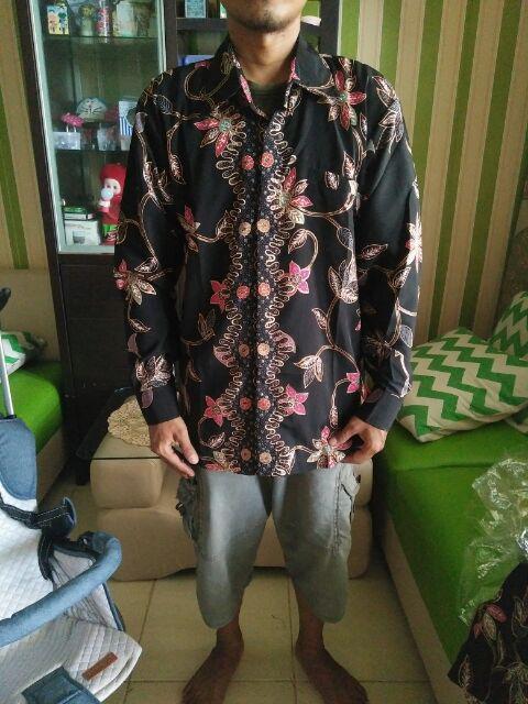 Couple Batik Cbpjp03 Kemeja Pria Tangan Panjang Dan Rok Prisket Panjang Wanita Bunga Rambat Hitam