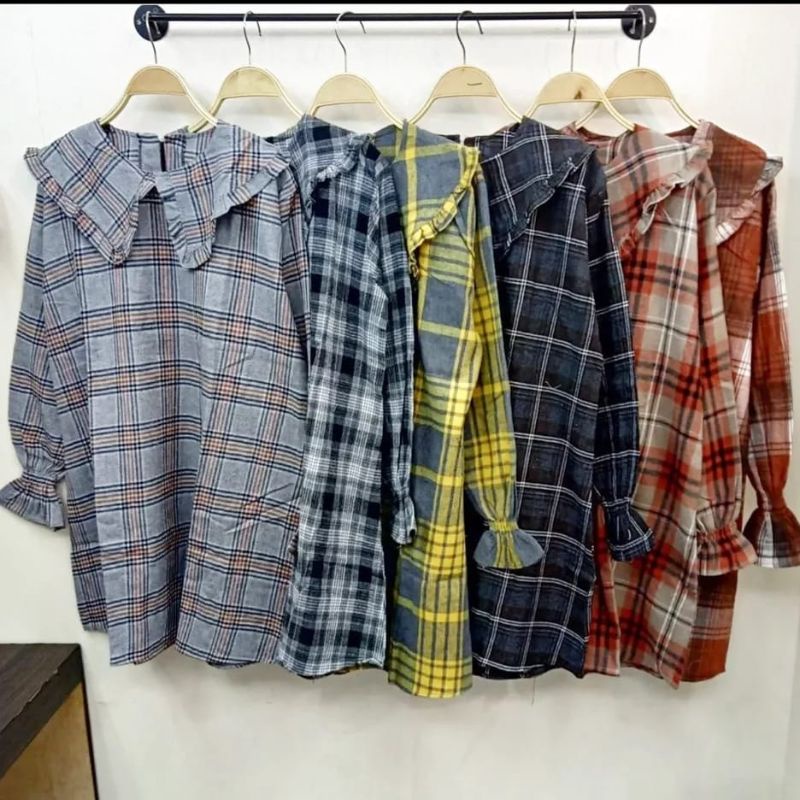 tunik flanel #tunik flanel kerah coral # tunik kotak-kotak