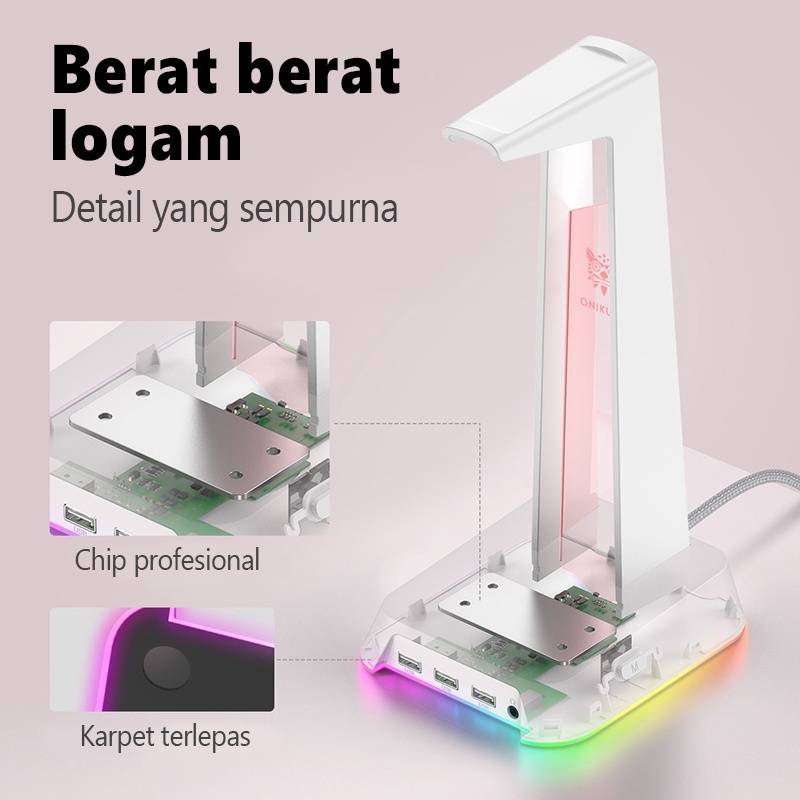 Onikuma ST-2  RGB Gaming Headphone Stand Komputer Headset Desktop Tampilan Pemegang Logo Bercahaya dengan 3 USB dan 3.5 Mm AUX Port