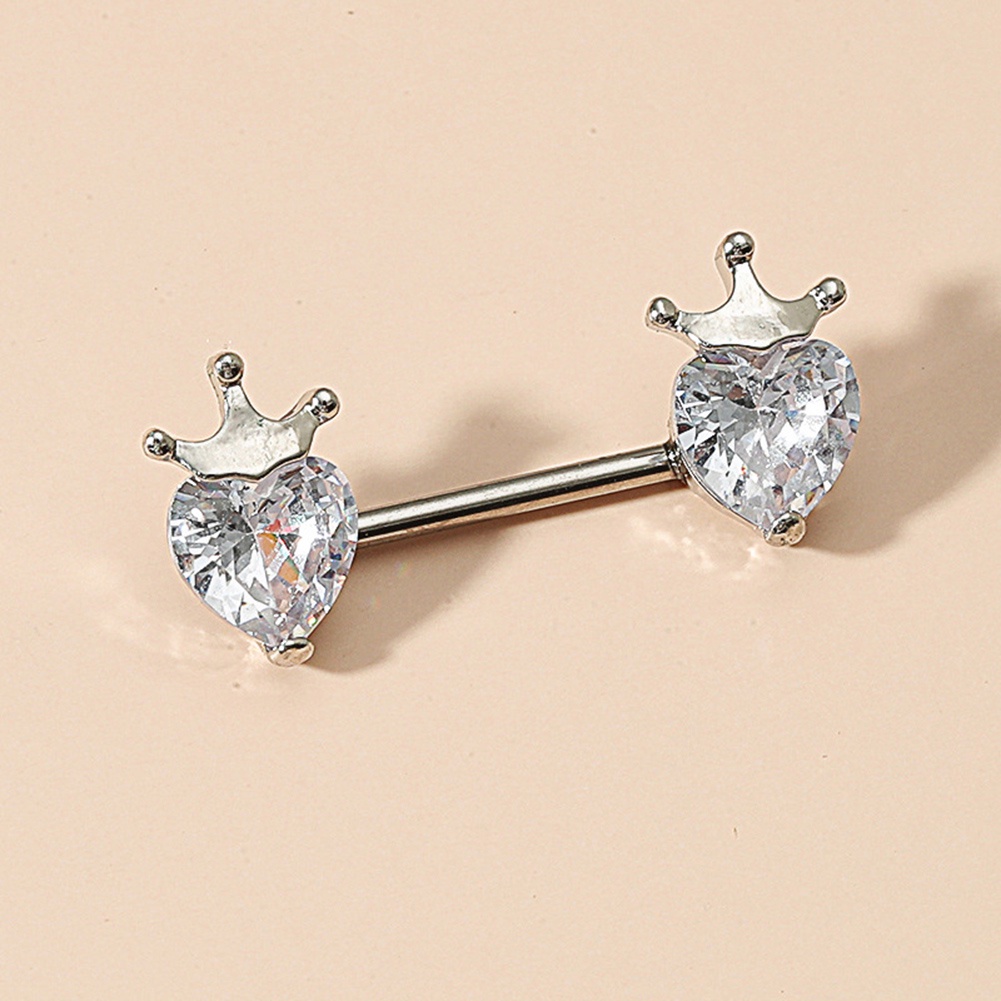 Set Cincin Tindik Puting Bentuk Mahkota Hati Bahan Stainless Steel Hias Kristal
