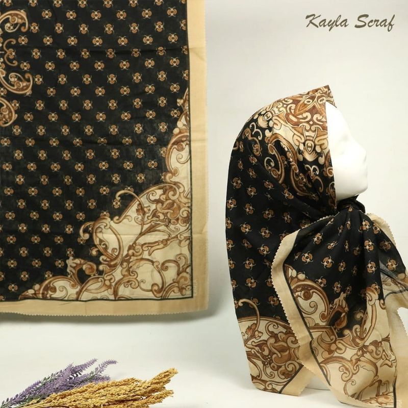 HIJAB SEGI EMPAT VOAL MOTIF CLASICC HITAM GOLD KERUDUNG JILBAB MURAH