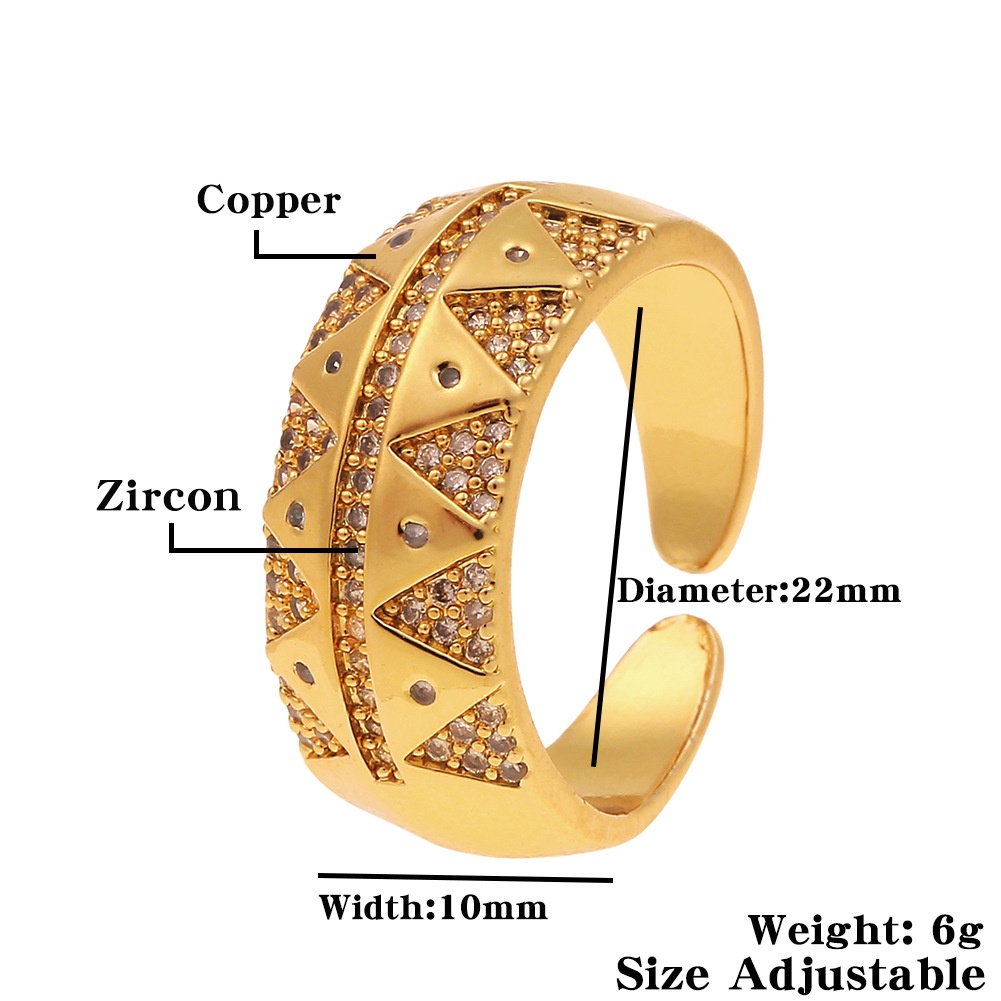 Perhiasan tangan tembaga berlapis emas mikro bertatahkan zircon segitiga cincin anggun geometris eko