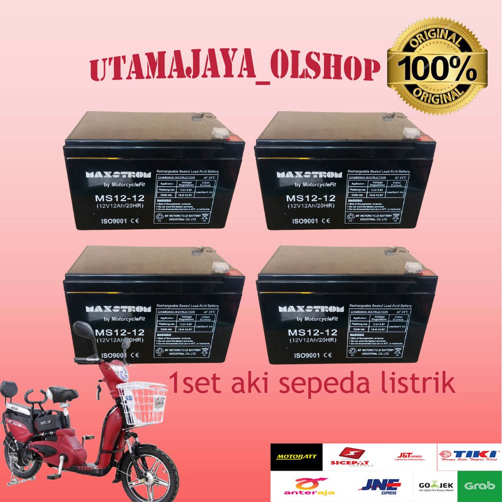 1set isi 4pcs aki sepeda listrik selis maxstrom vrla 12v 12ah aki original pabrik paling murah