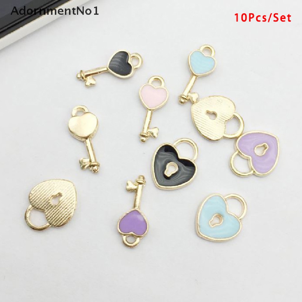 (AdornmentNo1) 10pcs / Set Liontin Enamel Alloy Bentuk Kunci + Hati Untuk DIY Perhiasan