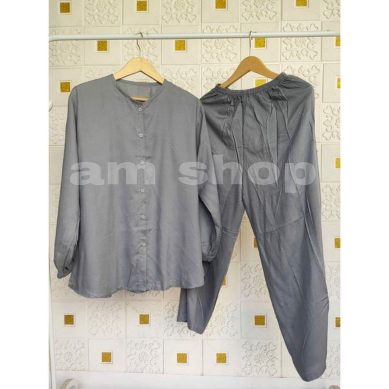 Pajamas Tangan Panjang / ONE SET PIYAMA OBLONG / SLEEPWEAR DAILY SET BEST SELLER RAYON POLOS PREMIUM-TPO SILVER