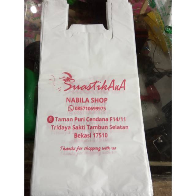 sablon plastik kresek ukuran sedang 21x38 isi 50 pcs free  desain minimal order 200 pcs