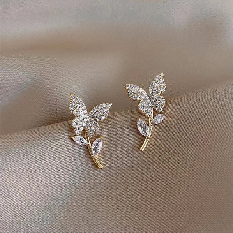 Korea anting-anting elegan 925 perak pin anting-anting trendi butterfly penuh diamond anting-anting