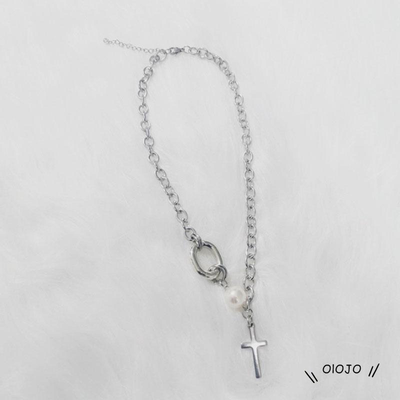 Korea Ins Cross Kalung Mutiara Clavicle Chain Aksesoris Fashion Wanita - ol