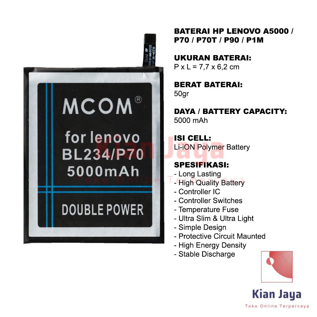 MCOM Baterai Hp Lenovo A5000 / P70 / P70T / P90 / P1M BL234 Original Double Power Batre Battery Ori