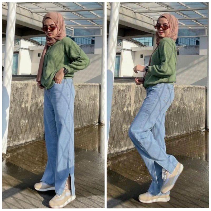 Celana jeans wanita Highwaist kulot Boyfriend jeans Celana panjang Kulot belah Highwaist jeans Boyfr