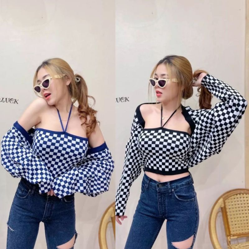 [Import BKK] Checkered Set 2in1 (Bolero Cardigan & Halter Neck Crop Tank top) Setelan rajutan wanita