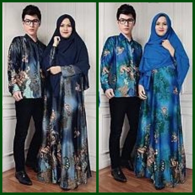 Baju Gamis Couple Adriana Set 3in1 ( Sepasang Dress Cewek + Jilbab + Kemeja Cowok ) Batik Sarimbit