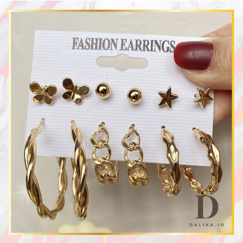 Anting Set Tusuk Korea 6 Pasang Spiral Hoop Bintang Bulat Kupu-Kupu Wanita Dalika