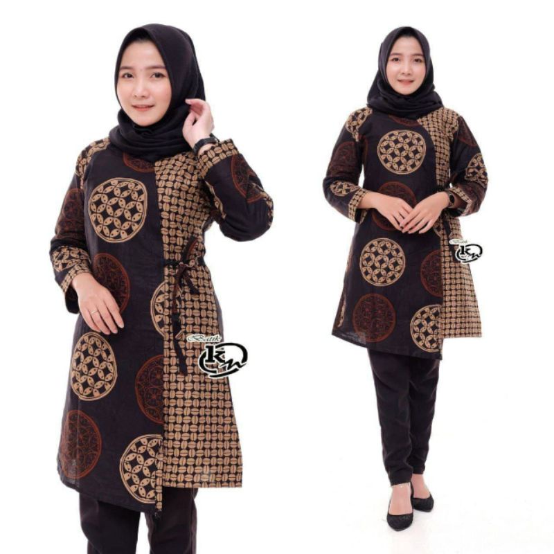 Tunik Batik Wanita Modern Terbaru JUMBO M L XL XXL Atasan Batik Wanita Seragam Murah-Coklatan koin