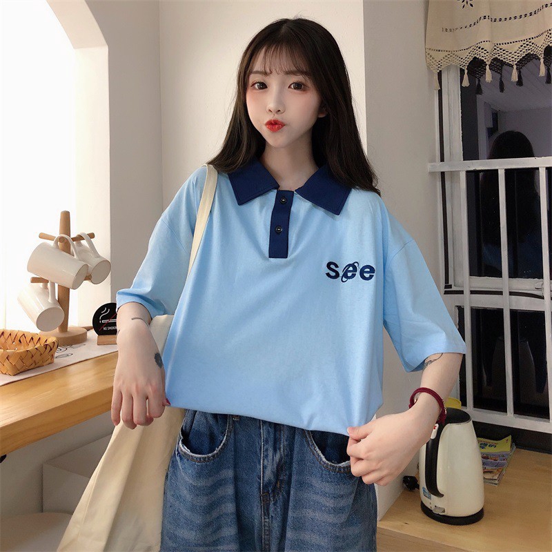  Kaos  Polo  Wanita Lengan Pendek Model  Longgar Versi Korea 