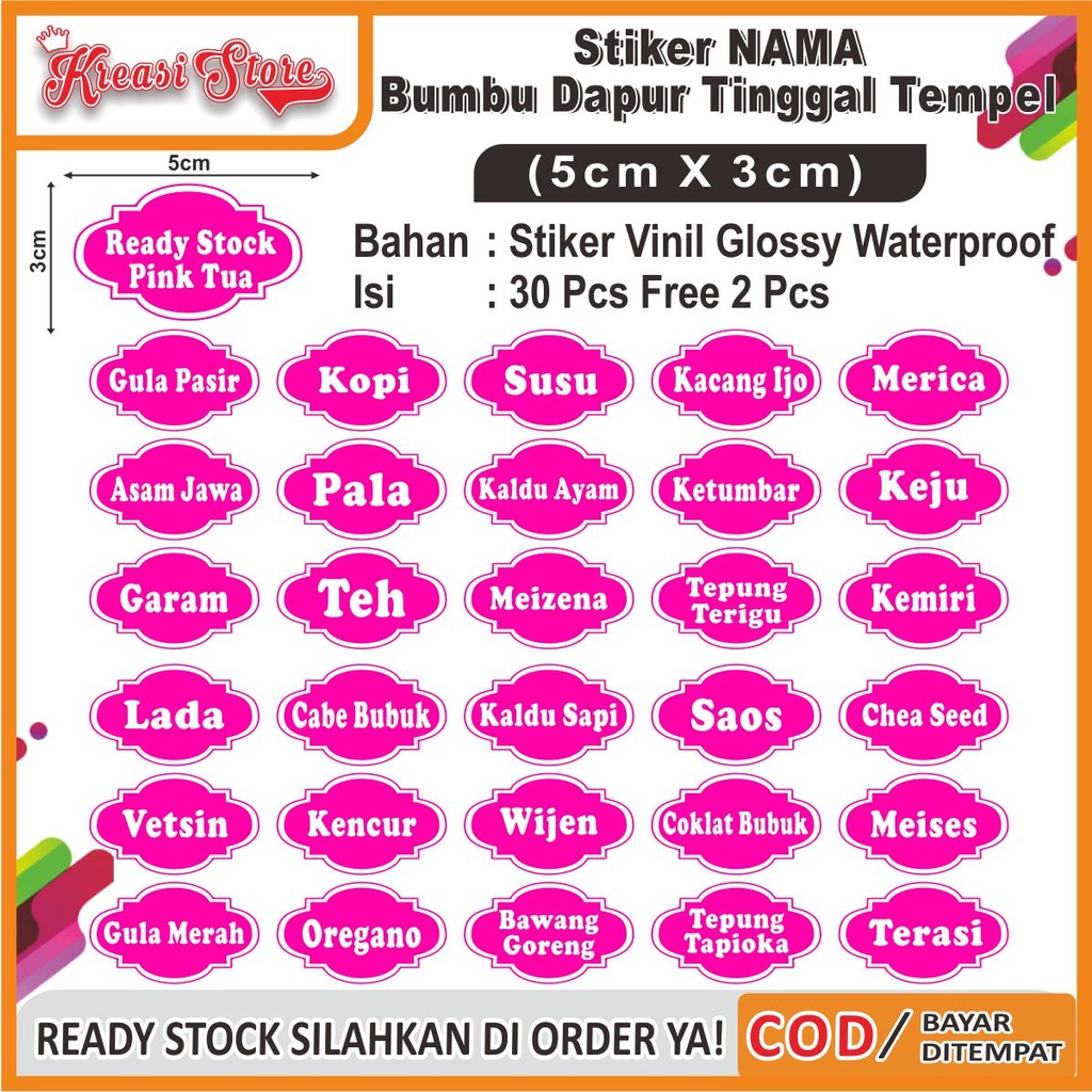 

Stiker Label Nama Bumbu Dapur Waterproof Isi 30 Pcs uk 3x5cm Ready Stock Free 2pcs