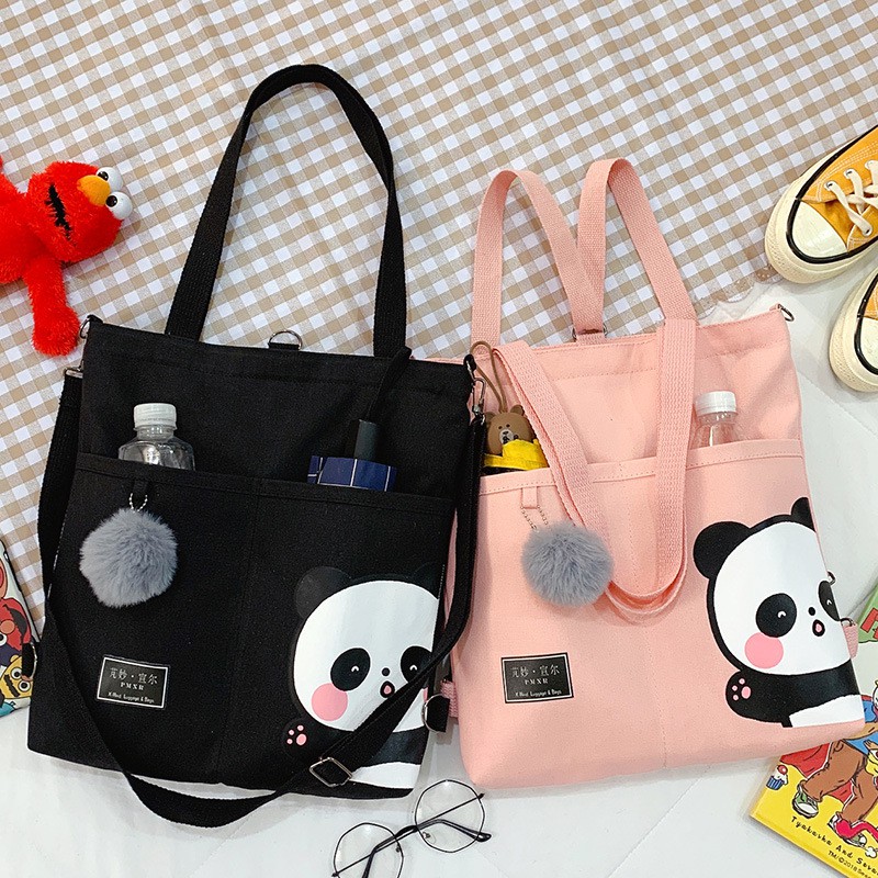 [littlecrab] Tote Bag Panda Imut Lucu Unisex Tas Totebag Resleting Multifungsi Berkualitas Tas Tote Kuliah Sekolah Motif Panda Pom-Pom Lucu Korean Style