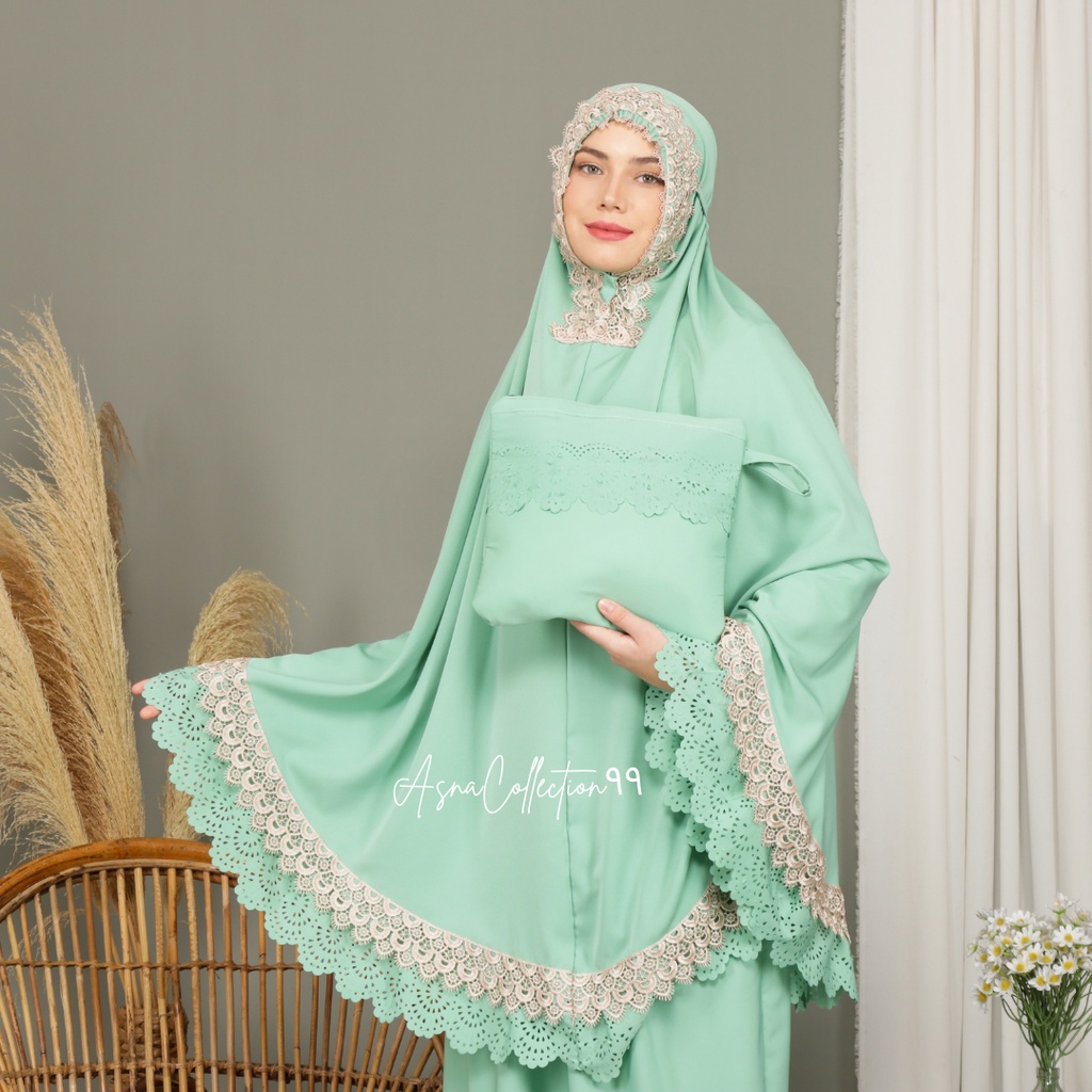 Mukena Dewasa Daily AsnaCollection٩٩ Rempel Lasercut Renda Mewah Jumbo Traveling Cantik